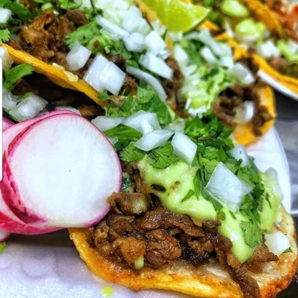 Close-up of Tacos Al Carbon tacos with meat, cilantro, onions, avocado sauce, and radishes.